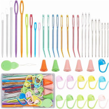 1 Set Aluminum & Plastic Large Eye Needles Stitch Markers & Needles Cap Needle Threader Sets for Knitting Crochet Mixed Color 7x0.35x0.2cm
