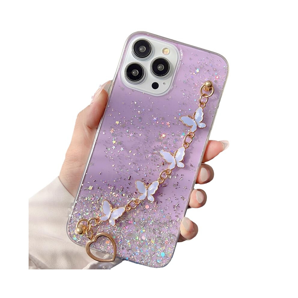 Glitter Bling Case With Butterfly Design, Wrist Strap Bracelet, Shockproof Silicone For Iphone 12 Purple 9092120217407