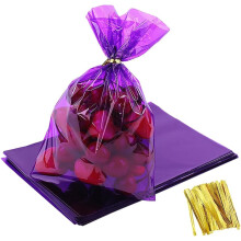 100Pcs Treat Bags, 9x6 inch Clear Gift Bags with Twist Ties Plastic Gift for Candy Party Favor Cookies Candies Packaging Bakery, Purple