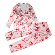 Girls Long Sleeve Pants Set 2 Piece Outfits Button Down Bow Print Collared Shirts Relaxation Home Clothes For Kids 3-14 Years Comfy Outfit