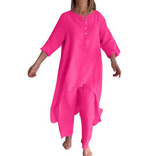 Damen-Loungewear-Set aus Baumwolle und Leinen: Langarmshirt und weite Hose, Pink, Größe 5XL, geeignet für den Sommer