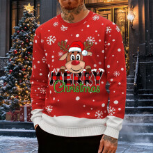 Reindeer Print Crewneck Sweatshirt Long Sleeve Casual Pullover Soft Warm Winter Top For Holiday Festive OutfitRedL
