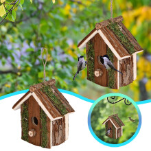 Natural Wooden Hummingbird Handmade Bird Shelter for Garden Patio Outdoor Decoration Villa Style Hanging Birdhouse for Birds