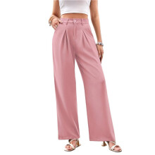 Dames Pantalon met Wijde Pijpen, Hoge Taille, Zakelijke Casual Broek, Palazzo Broek met Knoopsluiting Roze XS