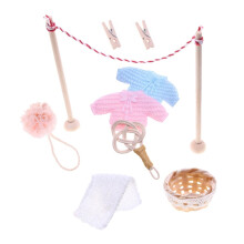 Conjunto de Lavanderia em Miniatura OUNONA1Set: Varal de Roupa em Miniatura com Escova de Limpeza para Casa de Bonecas - Acessórios de Lavanderia -