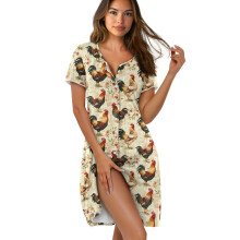 Women's Short Sleeve Nightgown – Soft Button-Down Sleep Dress, Flower Chicken Print, Lightweight Loungewear, Summer, 2XL, Compatible with All