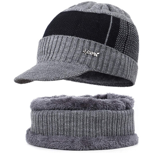 Unisex stickad mössa med fleecefoder och halsduk