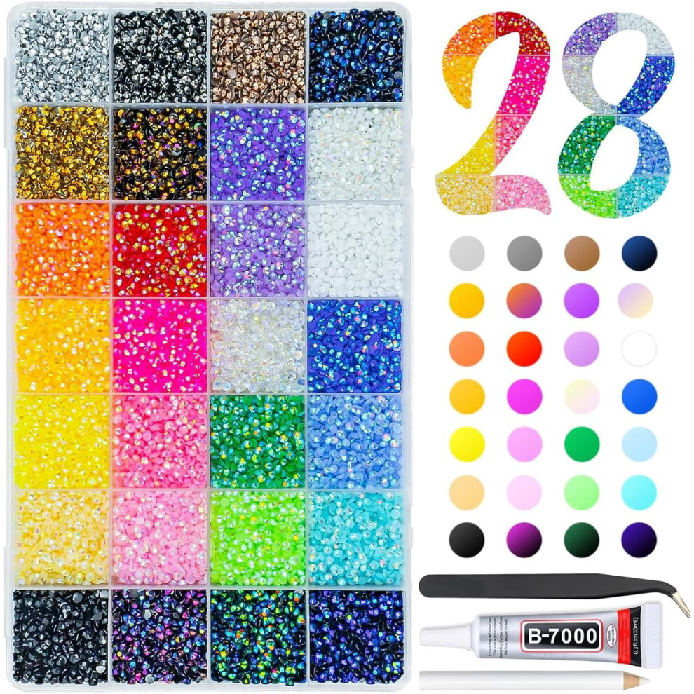 Qiipii 28-Color 6mm Jelly Resin Rhinestones with B7000 Glue, SS30 Flatback AB Gems for Nails, Face, Tumblers, Shoes & Crafts