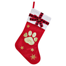 Meia de Natal com estampa de patas de cachorro e gato, 45 cm, vermelha com laço e sino – Ideal para árvore de Natal, lareira e decoração