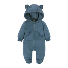Nyfødt Baby Ensfarvet Jumpsuit Drenge Piger Sød Bjørne Hættetrøje Lynlås Langærmet Bomuldsbody Efterår Vinter Varm Romper Marineblå 3-6