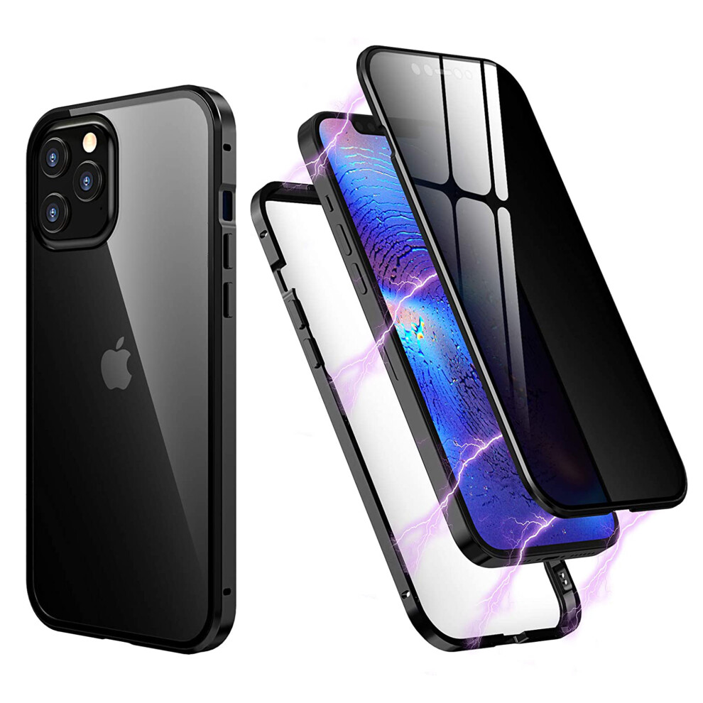 Privacy Magnetic Case For Iphone 12 / Iphone 12 Pro 6.1", Double-Sided Tempered Glass, Metal Bumper, Antipeep Screen Protector, Black 9028731575148