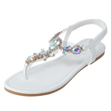 Søte hvite strass- og elastiske flate flip-flops for kvinner – Boho strandsandaler, bred bredde, kompatibel med sommerantrekk