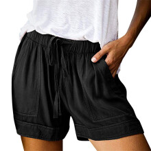 Pantaloni da donna, pantaloncini casual da lavoro in cotone a vita alta elasticizzata con pieghe e volant, pantaloncini carini, pantaloncini