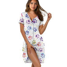Kortermet nattkjole til dame, myk nattkjole med knapper, over kneet, løstsittende loungewear, pote- og stjernetrykk, 2XL, kompatibel med hjemmebruk