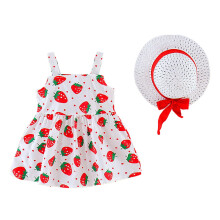 Girls's Strawberry Print Short Sleeveless Dress Summer Princess Party Sundress With Hat Kids Outfits Size 6-12 Months