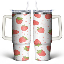 Erdbeer-Fruchtbecher (887 ml) mit Griffdeckel und Strohhalm – Edelstahl, doppelwandig, vakuumisoliert, süßes Geschenk für Frauen, Männer und