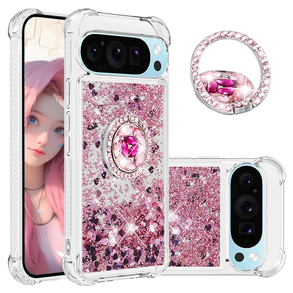 Ccsmall Clear Glitter Case For Google Pixel 9 Pro Xl, Quicksand Sparkly Cover With Diamond Ring Holder Â Lsz Rose Gold 9479868615656