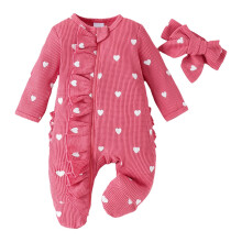 Nyfødt spædbarnsheldragt til babypige Tøj Hjerteprint Langærmet Flæsefodet Jumpsuit Med Pandebånd Valentinsdag 2PCS Sæt Stilfuld Heldragt