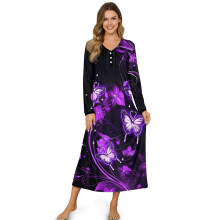 Long Sleeve Nightgown for Women, Soft Sleepshirt with Partial Buttons, Ankle-Length, Cozy Fit, 3XL, Violet/Black/Butterfly – Compatible with