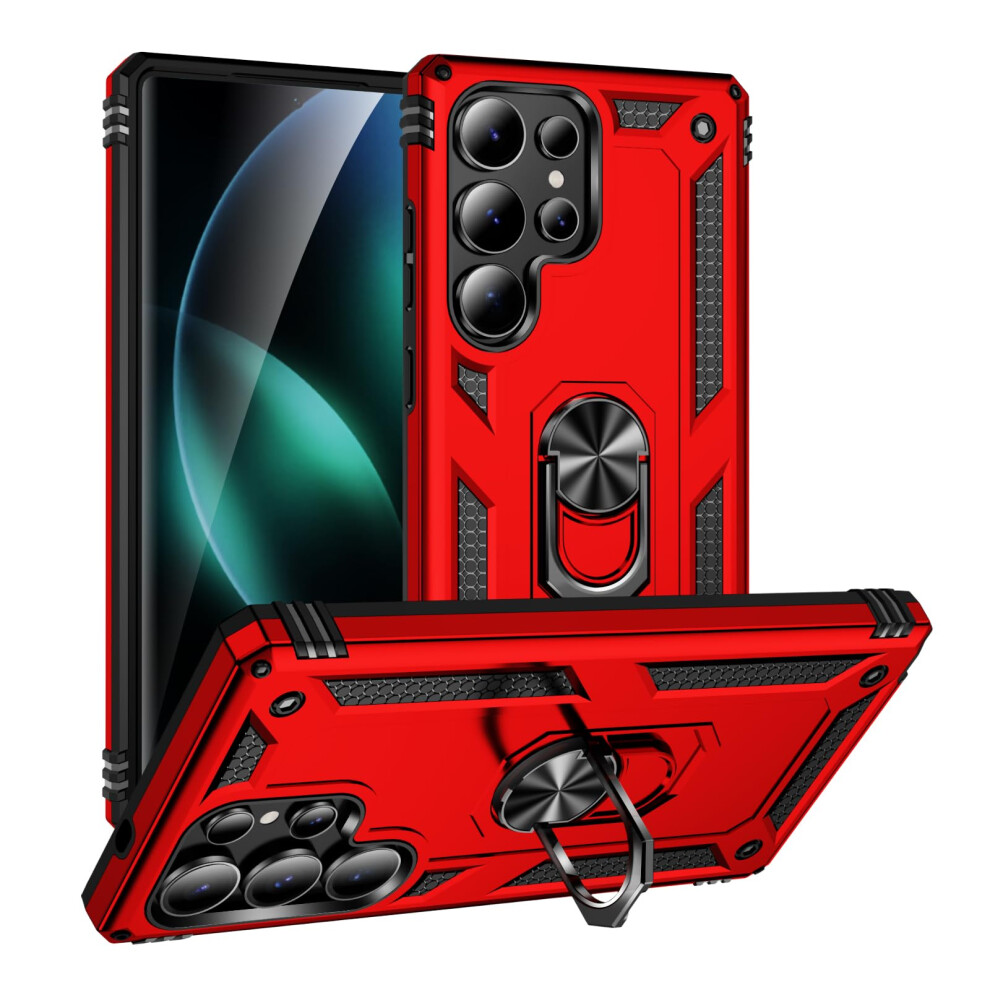 Case For Samsung Galaxy S25 Ultra With Sliding Camera Cover, Magnetic Ring Kickstand, Military Grade Shockproof Protection, Red 9092120218176