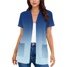 Cárdigan de manga corta para mujer, azul marino degradado, frente abierto, suave y elástico con bolsillos, largo tipo túnica, ropa casual para