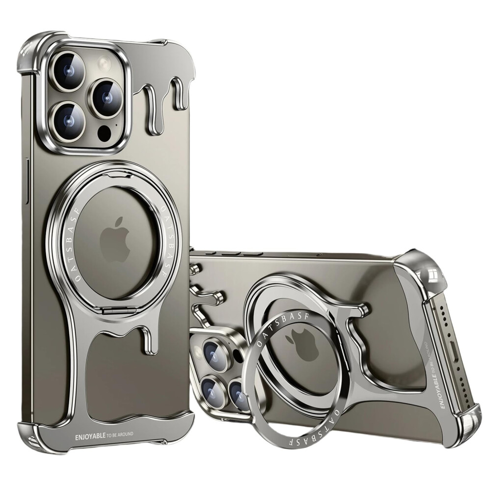 Slim Aluminum Frameless Case With 360 Rotating Magnetic Kickstand And Hidden Ring Grip (Titanium) For Iphone 15 Pro Max Magsafe 9092120219173
