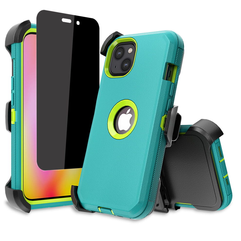 Compatible With Iphone 14 Plus Case + Anti-Spy Screen Protector + Belt-Clip Holster, Heavy-Duty Shockproof, 6.7", Green/Yellow 9028731002439
