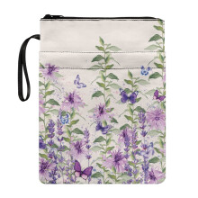 Estojo organizador de livros com zíper e estampa floral roxa, feito de tecido de poliéster lavável. Fácil de transportar, ideal para leitores,
