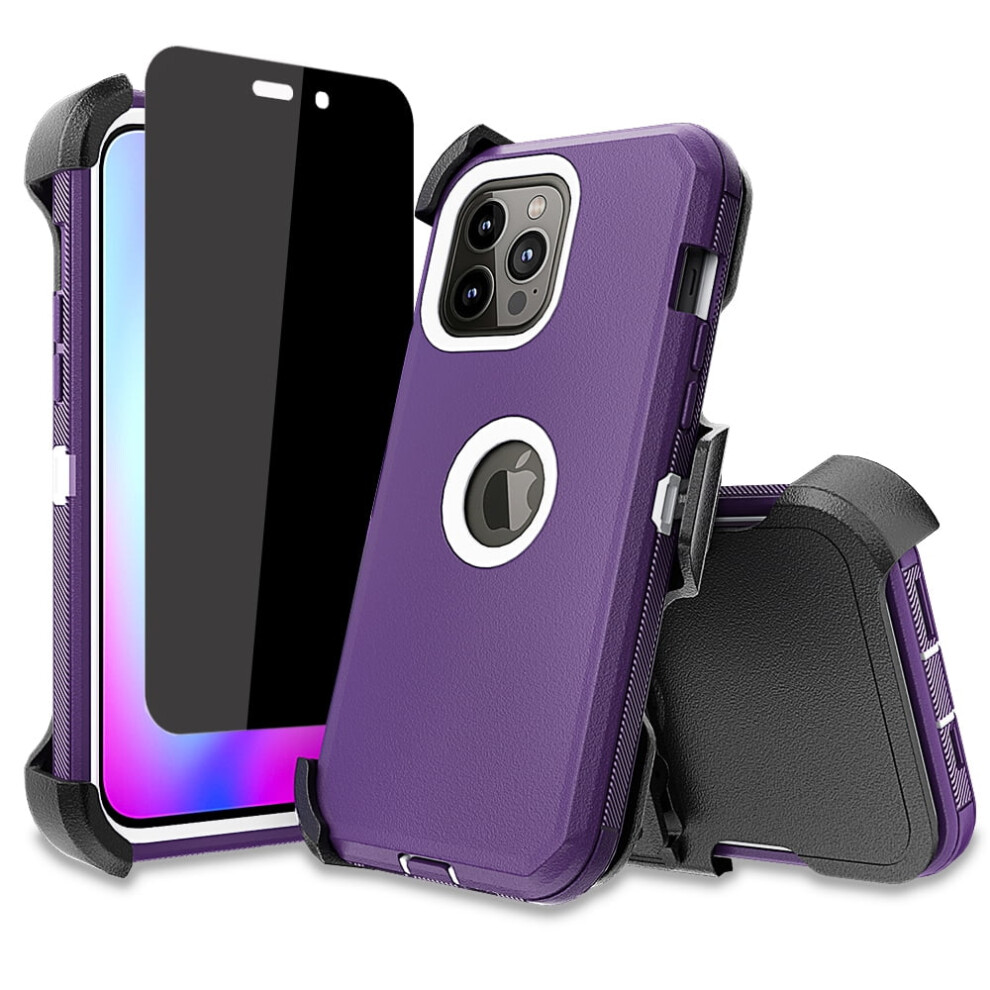Compatible With Iphone 14 Pro Max Case + Anti-Spy Screen Protector + Belt-Clip Holster, Heavy-Duty Shockproof, 6.7", Purple/White 9028731002545