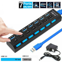 7Port USB3.0Hub Tænd/sluk-knap Højhastighedssplitter AC-adapterkabel PC Bærbar computer