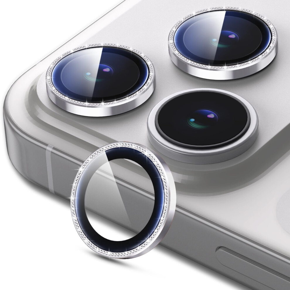 Camera Lens Protector for iPhone 17 Pro Max, 9H Tempered Glass Cover with Diamond Metal Ring, Ultra HD AntiScratch Silver