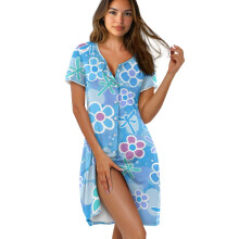 Damenattskjorte med knapper, kortermet nattkjole, løs pysjamaskjole med loungewear, avslappet passform, 3XL, Dragonfly Blue Flower