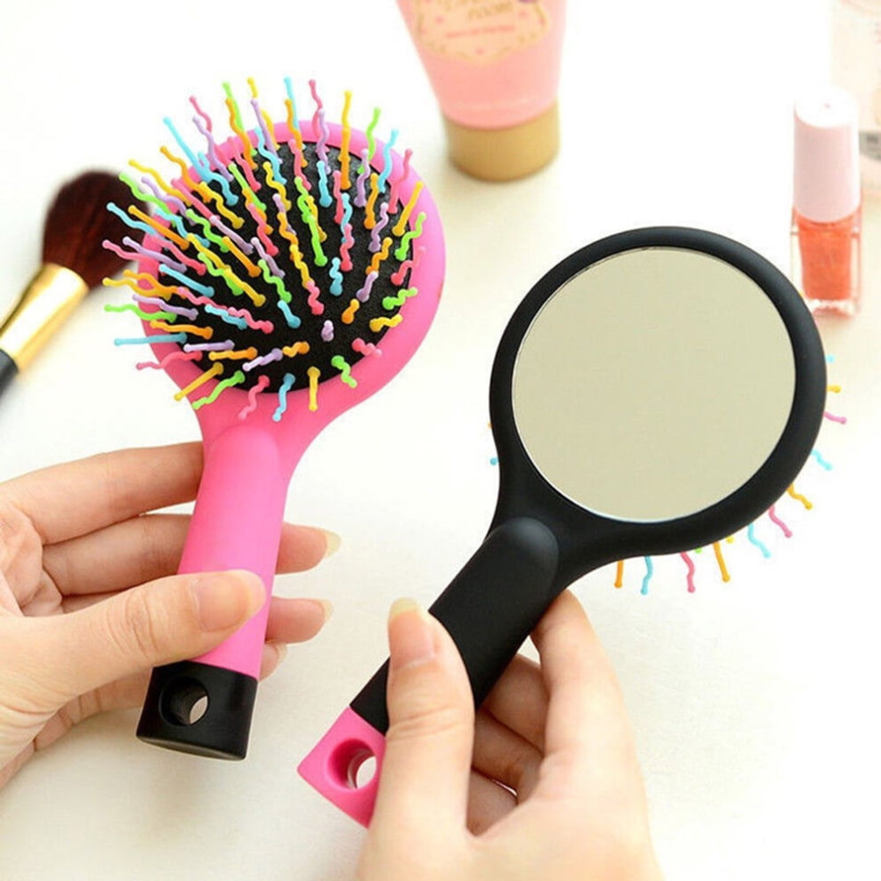 2 in 1 Girl Rainbow S-Curl Wave Brush Mirror Comb Anti-static Massage Hairbrush Black