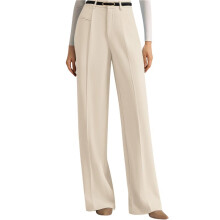 Dames Pantalon met Wijde Pijpen, Zakelijke Casual Stijl, Zwierige Palazzo Broek, Hoge Taille Beige M