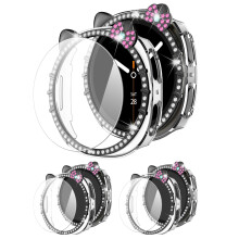 2+2 Pack Case for Galaxy Watch 8 44mm with Diamond Rhinestone Cat Ears, Glitter Bling Protective Cover with Tempered Glass Screen Protector for Women