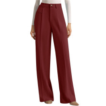 Dames Pantalon met Wijde Pijpen, Zakelijke Casual Stijl, Zwierige Palazzo Broek, Hoge Taille Wijnrood XL