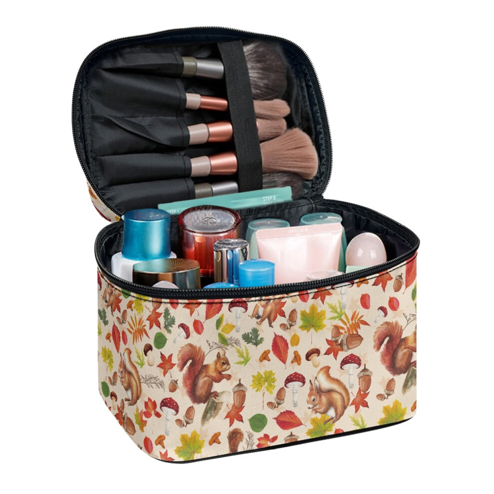 Travel Cosmetic Makeup Bag with Brush Slots Portable Traveling Large Capacity Travel Cosmetic Bag Squirrel and Leaves