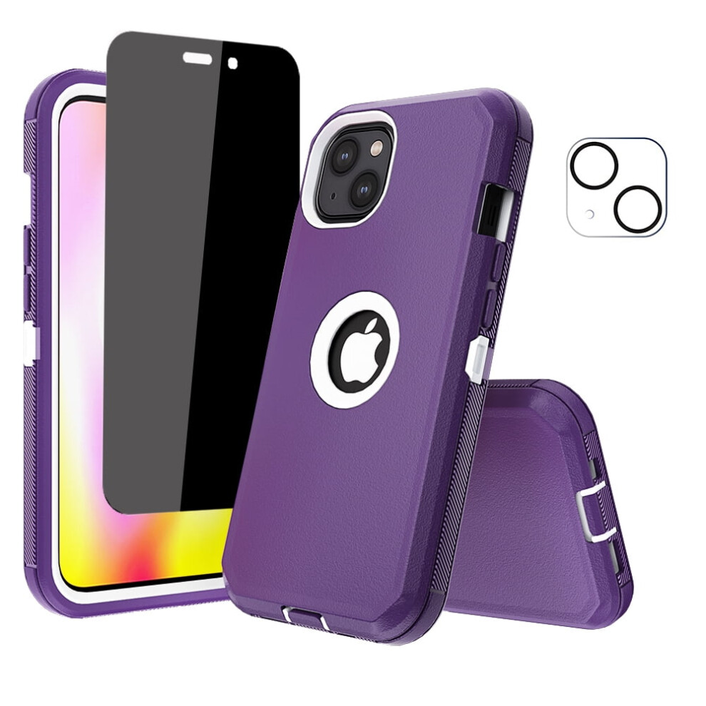 Compatible With Iphone 14 Plus Case + Screen Protector (Anti-Spy Privacy) + Camera Lens Protector, Heavy-Duty Shockproof Case, 6.7", Purple/White 9028731003016
