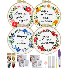 4-delers broderisett for nybegynnere: Kolibri og blomst korsstingsett med ringer, tråder, stoff (blomst)