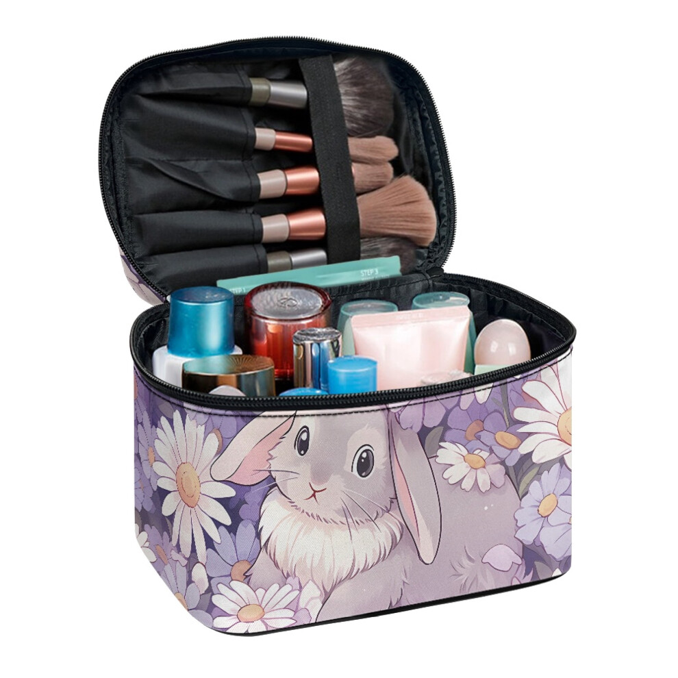 Light/Purple Rabbit Multi-Purpose Cosmetic Toiletry Bag With Brush Slots Polyester Double Zipper Wide Open Portable Pouch