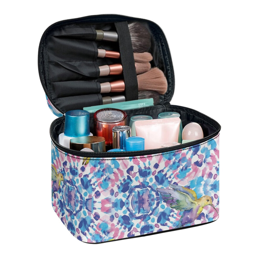 Travel Make up Case (8.86"x6.5"x5.9") Travel Cosmetic Case Organizer with Brush Slots Brush Protectors Hummingbird Watercolor Splash Design