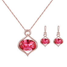 Fashion Women Oval Rhinestone Pendant Necklace Ear Stud Earrings Jewelry Set Rose Red