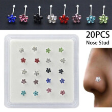 Soumake 20Pcs/Box Women Flower Rhinestone Silver Plated Nose Stud Body Piercing Jewelry Fashion