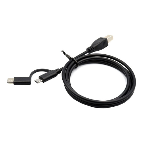 Cabo OTG para conectar smartphone à impressora, cabo micro USB e cabo USB-C para USB-B.