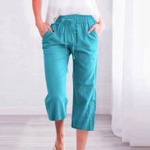 Capris Pants for Women Cotton Linen Casual Summer Straight Leg Loose Drawstring Elastic Waist Cropped Trousers