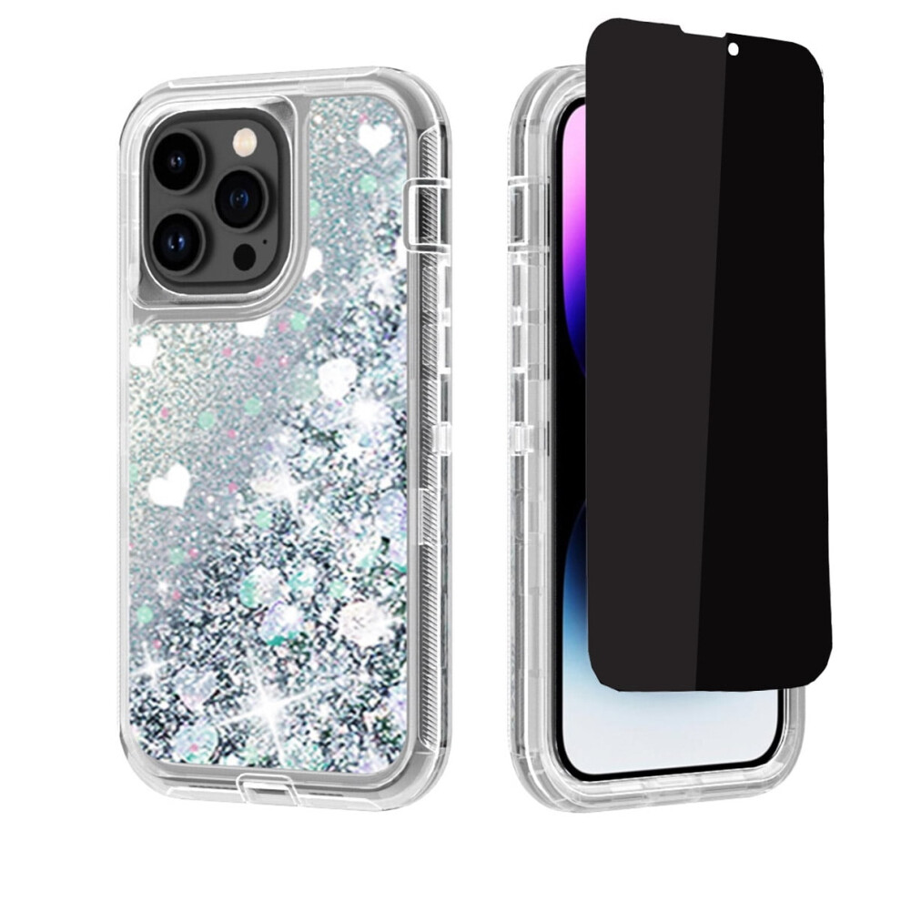 Compatible With Iphone 14 Pro Max: Anti-Spy Privacy Screen Protector + Bling Glitter Quicksand Sparkle Clear Shockproof Case, 6.7", Silver 9028731004082
