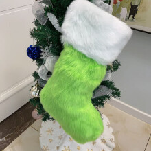 Green & White Plush Christmas Stockings, Fuzzy Holiday Decor, Fireplace Hanging Ornaments, Candy Gift Bags – Compatible with Xmas Decor