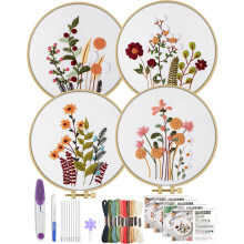 4-delers broderisett for nybegynnere: Kolibri og blomst korsstingsett med ringer, tråder, stoff (blomst)