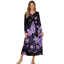 Women's Full-Length Nightgown, Soft Long Sleeve Sleepshirt with Chest Buttons, Butterfly Floral Design – 2XL, Violet/Black
