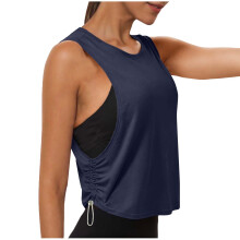 Womens Dark Blue Sleeveless Workout Top - Adjustable Cropped Tank with Side Cutout & Drawstring for Yoga, Gym, Casual Wear,Size M